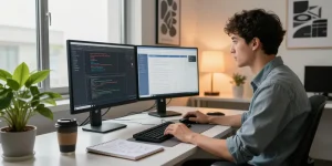 An engaging workspace scene highlighting the WPS Official Website, showcasing a developer at a dual-monitor setup coding with a warm, productive atmosphere.