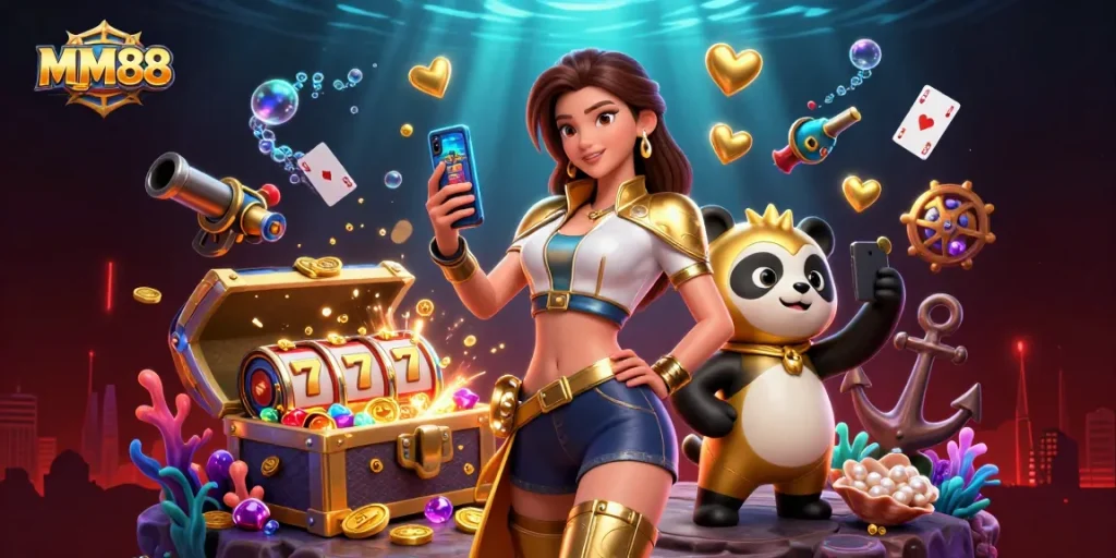 Experience MM88's exciting slots with a vibrant casino atmosphere featuring a dynamic Asian woman and golden panda.