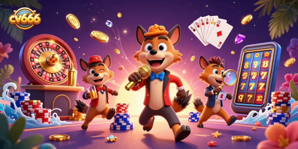 Experience the thrill of cv666 casino games with this vibrant 3D scene featuring comedy and excitement.