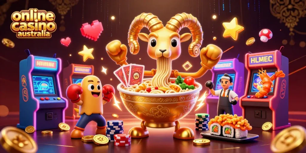 Experience the excitement of an online casino Australia with colorful characters and games in a vibrant illustration.