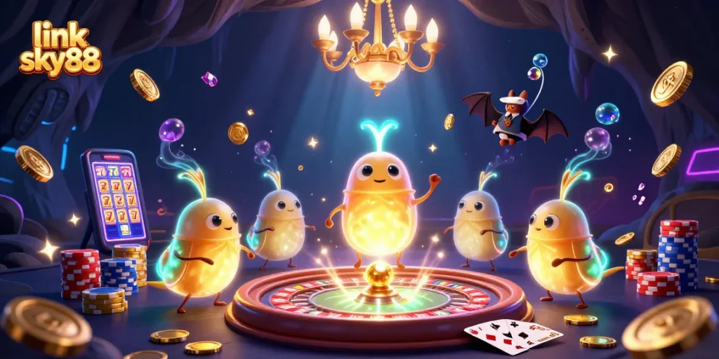 Experience thrilling gameplay at link sky88, illuminated by glowworms in a vibrant casino scene.