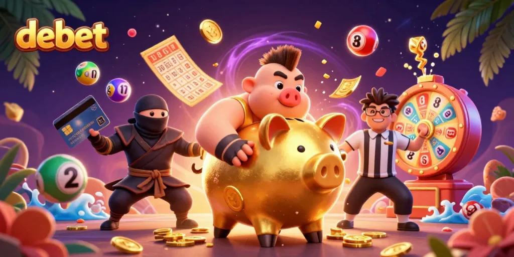 Engaging debet scene with a piggy bank sumo wrestler, ninja, and samurai amidst lottery chaos.