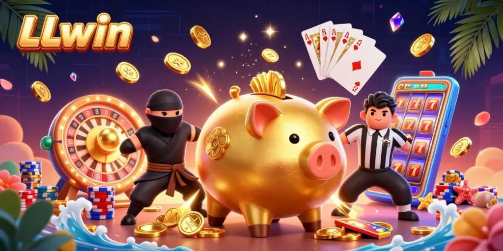Experience thrilling gameplay with LLwin as golden coins and 3D elements surround a dynamic casino scene.