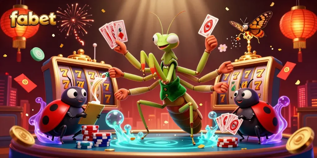 Experience the vibrant world of fabet as a giant praying mantis and ladybug pit boss interact amid dynamic casino elements.
