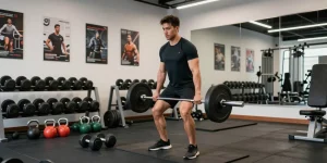 Entrenador levantando pesas en Esteroidesshop, ambiente de gimnasio moderno.