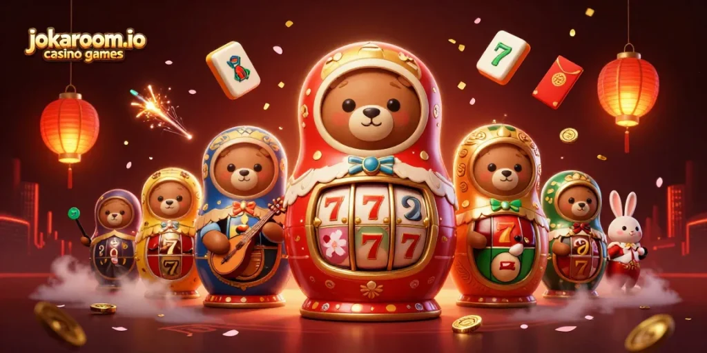 Experience the excitement of jokaroom.io casino games with a vibrant 3D scene of characters amid dazzling elements.
