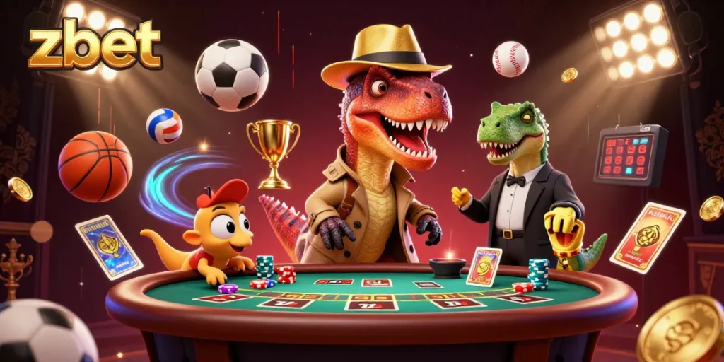 zbet illustrates a velociraptor card counter at a blackjack table surrounded by lively sports elements.