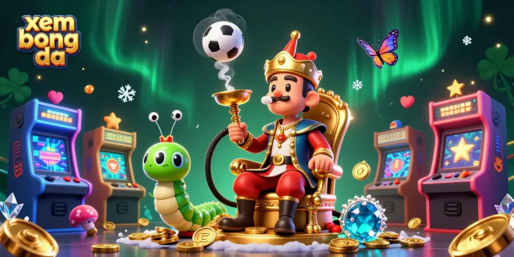 Xem bong da easily with sports balls and vibrant gaming elements in a dynamic 3D illustration.