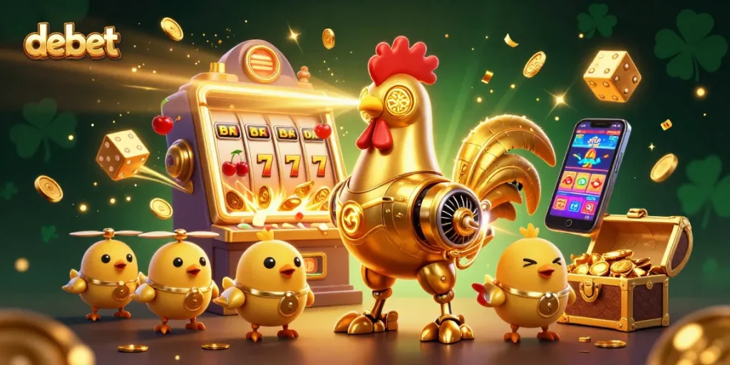 Experience debet gaming excitement with a vibrant 3D casino illustration of a golden rooster robot.