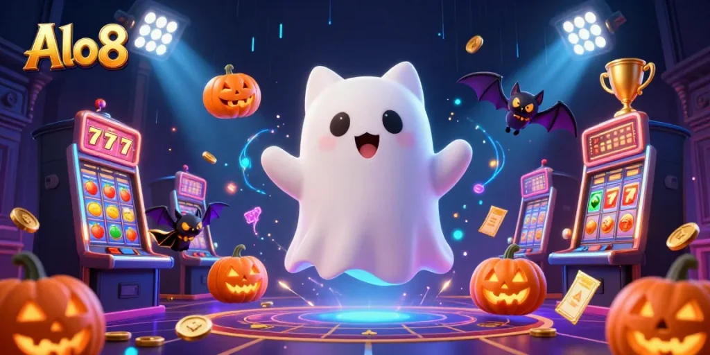 Engage with Alo8's vibrant casino experience through a thrilling encounter with a friendly ghost cat and immersive gaming elements.