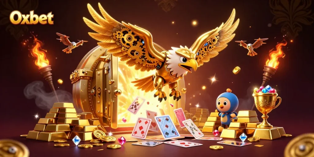 Experience Oxbet's thrilling casino action with a vibrant 3D illustration featuring a golden eagle surrounded by stunning gaming elements.