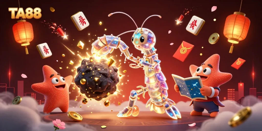TA88 showcases a galactic samurai mantis shrimp in a vibrant 3D casino scene bursting with gems.