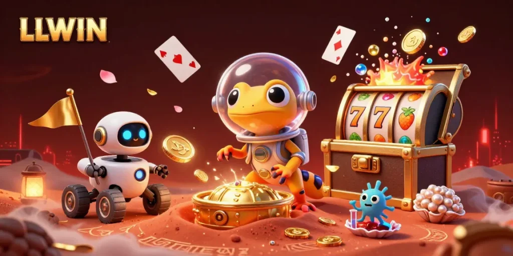 LLWIN showcases a thrilling casino adventure with a Martian gecko exploring a hidden treasure in a mystical setting.