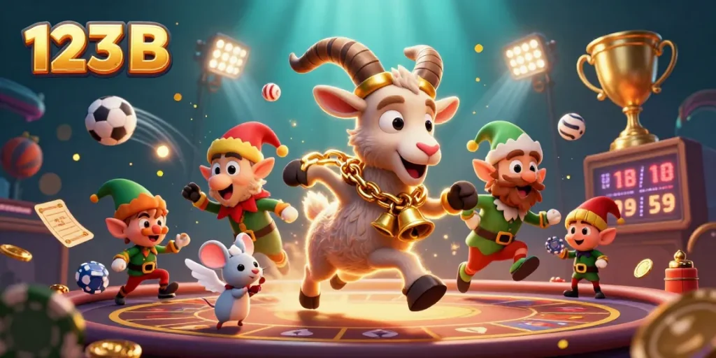 Engage with the thrilling 123 B casino experience featuring Krampus goat and playful elves.