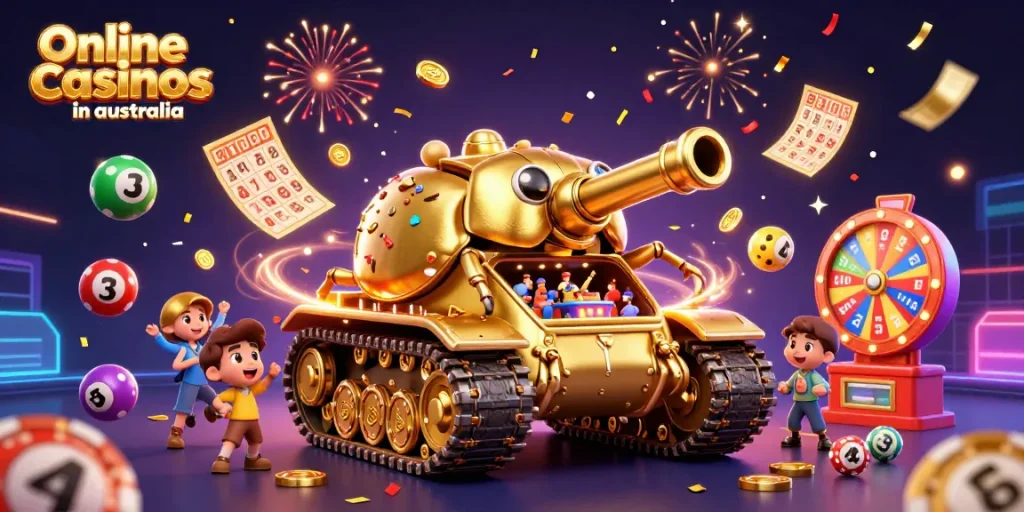 Experience the vibrant energy of online casinos in Australia through this dynamic 3D illustration.