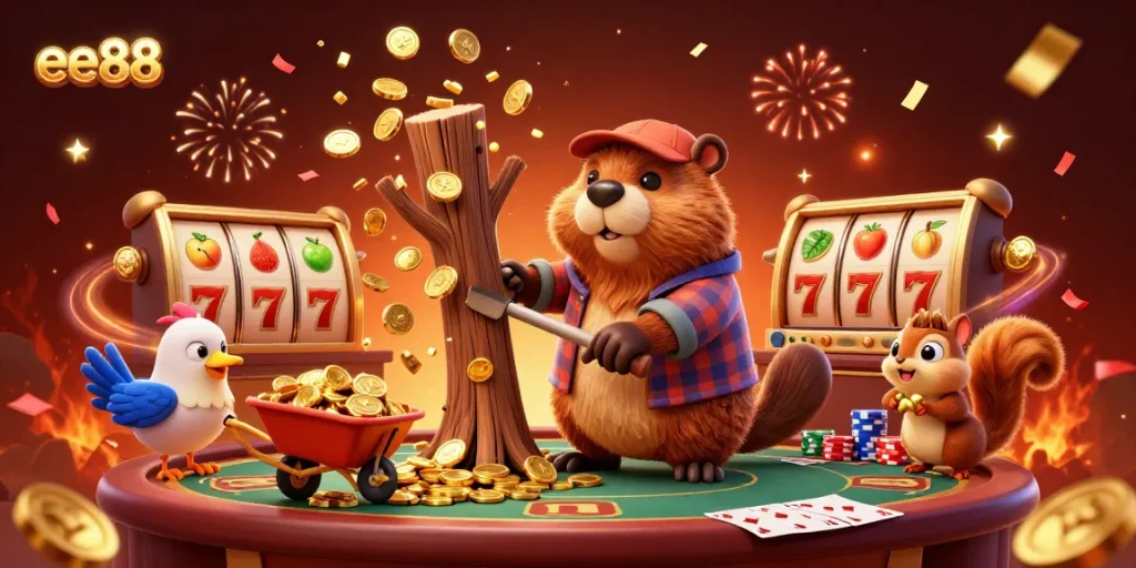 Feel the thrill with ee88 as the beaver collects golden coins in an exciting casino scene.