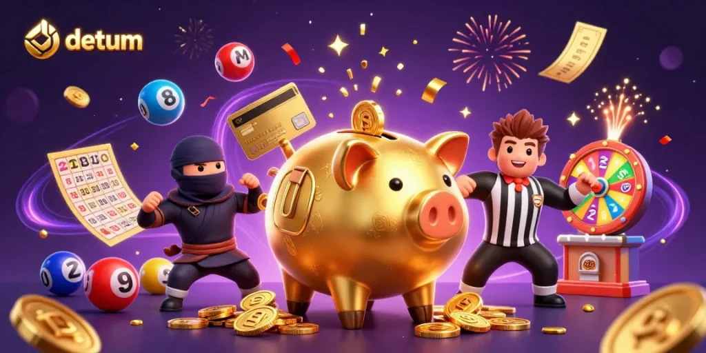 Engage with datum in this vibrant casino illustration featuring a golden piggy bank samurai amidst colorful gaming elements.