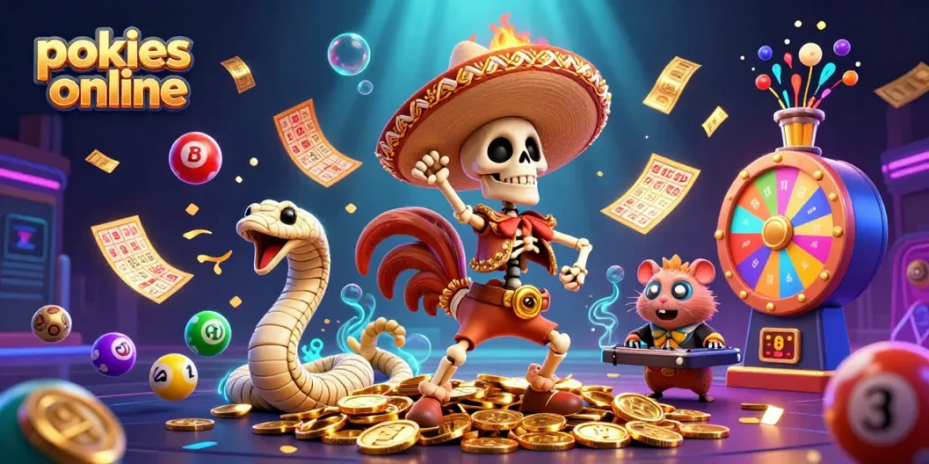 Experience thrilling pokies online with a vibrant 3D scene featuring dancing characters, jackpot elements, and colorful ball effects.