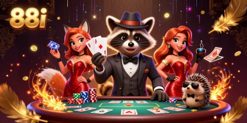 88i showcases a raccoon holding a royal flush at a vibrant poker table, surrounded by gold tokens.