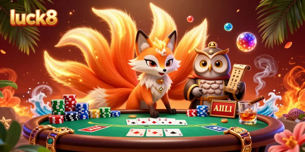 Experience luck8 excitement with vibrant poker action and enchanting spirits in a fantasy casino scene.