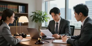 Read what he said; professional lawyer consulting client in a modern legal office.