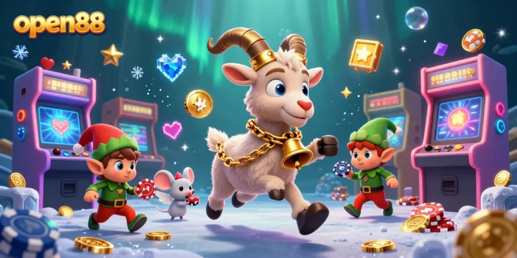 Experience the thrill of open88's festive casino with Krampus and mischievous elves stealing chips.