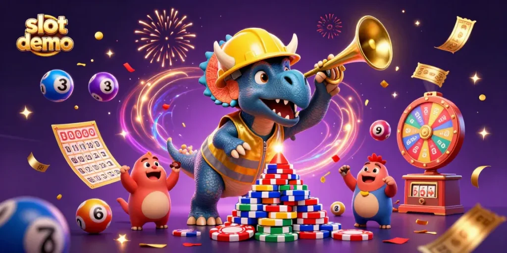 Slot demo menampilkan triceratops dan parasaurolophus dalam suasana kasino yang meriah.