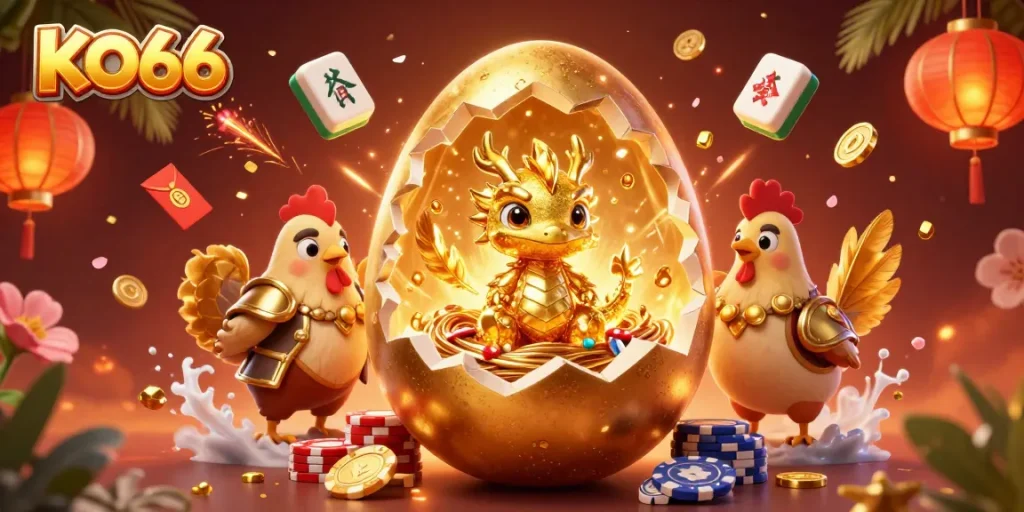 Engage in the vibrant KO66 gambling universe with a stunning golden dragon emerging from poker chips.