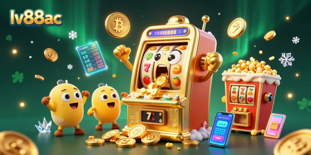 Spin and win with lv88ac at exciting slot machines, animated gold coins, and crypto elements.