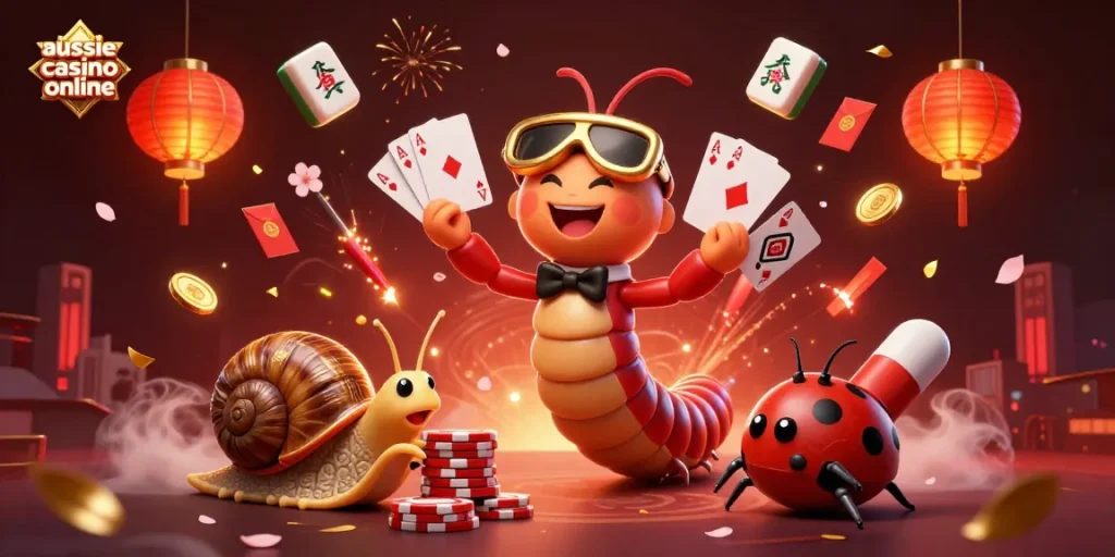 A dynamic scene of 3D characters playing cards at an aussie casino online, featuring vibrant decorations and festive elements.