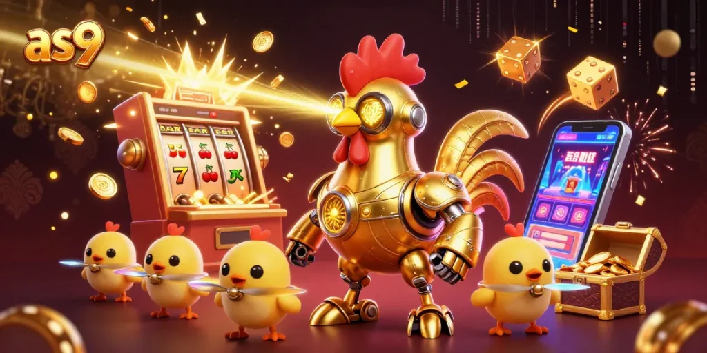Experience thrilling slot action with as9 as golden rooster robot beams riches in this vibrant casino scene.