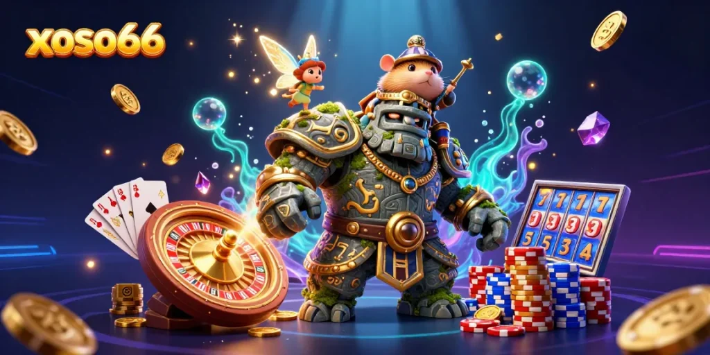 Experience the excitement of xoso66 with vibrant characters and casino elements in this captivating illustration.