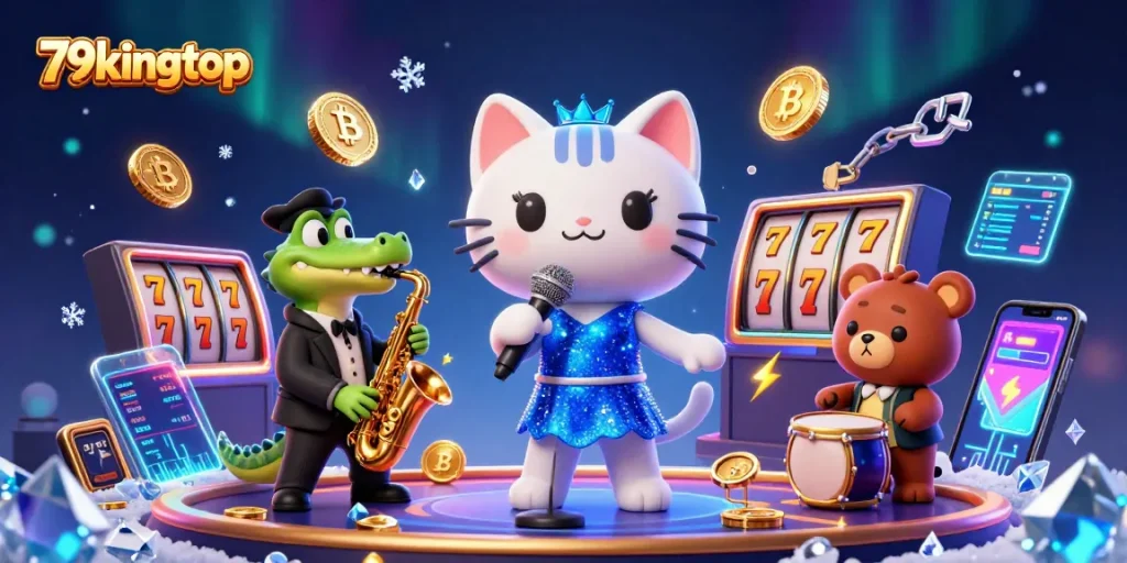 Enjoy the vibrant atmosphere at 79kingtop featuring cartoon characters and slot reels in a dazzling casino scene.
