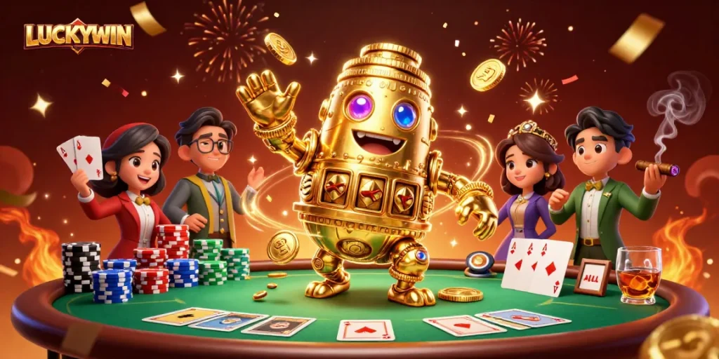 Experience thrilling gameplay at LUCKYWIN with dynamic coin characters and poker elements.