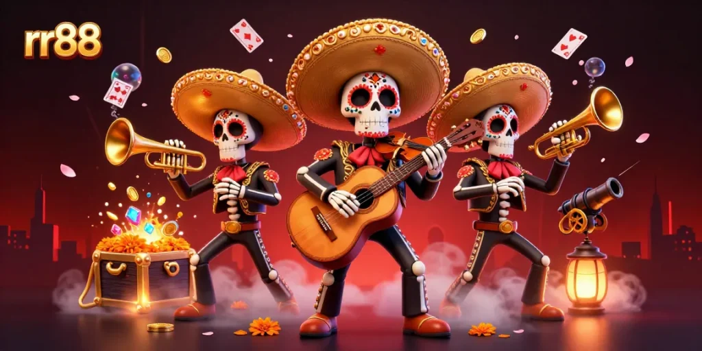Join the thrilling rr88 experience with lively mariachi skeletons surrounded by cascading treasures and gaming elements.