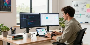 Build internal tools with AI in a modern workspace featuring a developer coding at a dual-monitor setup surrounded by tech elements.